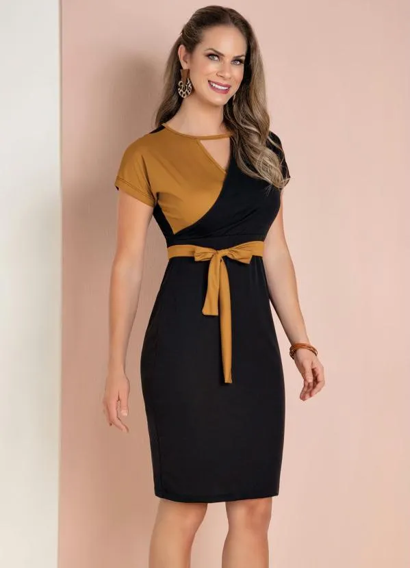 Moda Pop - Vestido Preto e Caramelo com Transpasse e Faixa