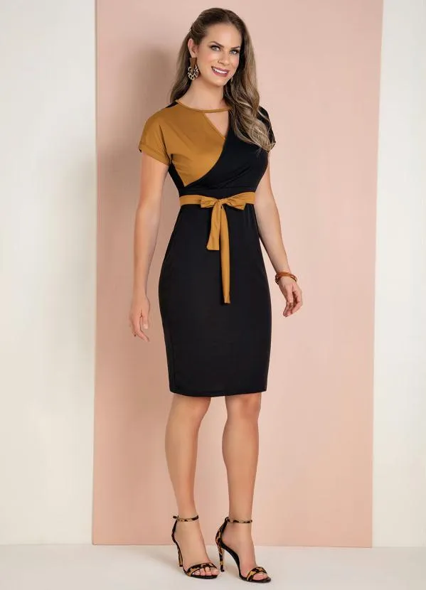 Moda Pop - Vestido Preto e Caramelo com Transpasse e Faixa 3
