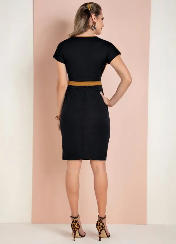 Moda Pop - Vestido Preto e Caramelo com Transpasse e Faixa 4