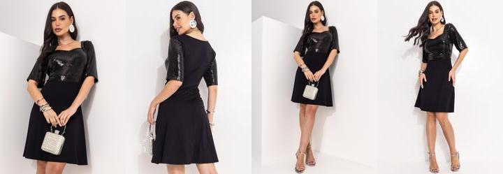Vestido Preto em Paet� e Malha de Viscose