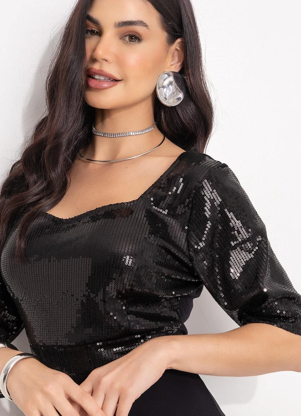 Quintess - Vestido Preto em Paetê e Malha de Viscose 8