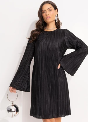 Quintess - Vestido Preto em Malha Plissada - QUINTESS