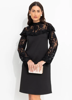 Quintess - Vestido Preto em Malha Ponto Roma Sarjado - QUINTESS