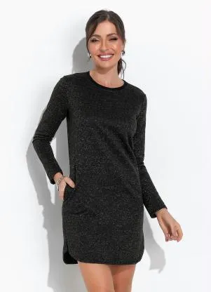 Moda Pop - Vestido Preto em Moletom com Fio Metalizado - MODA POP