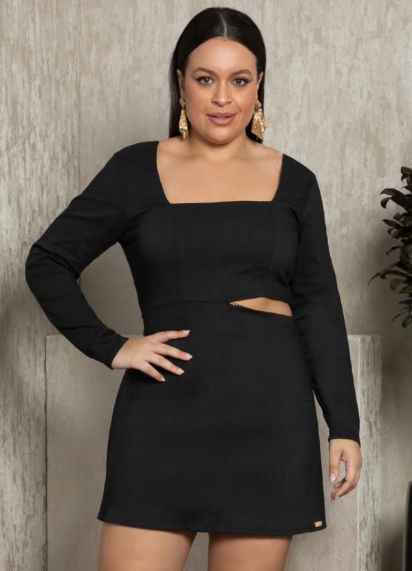 Quintess - Vestido Preto em Tecido Plano com Corrente