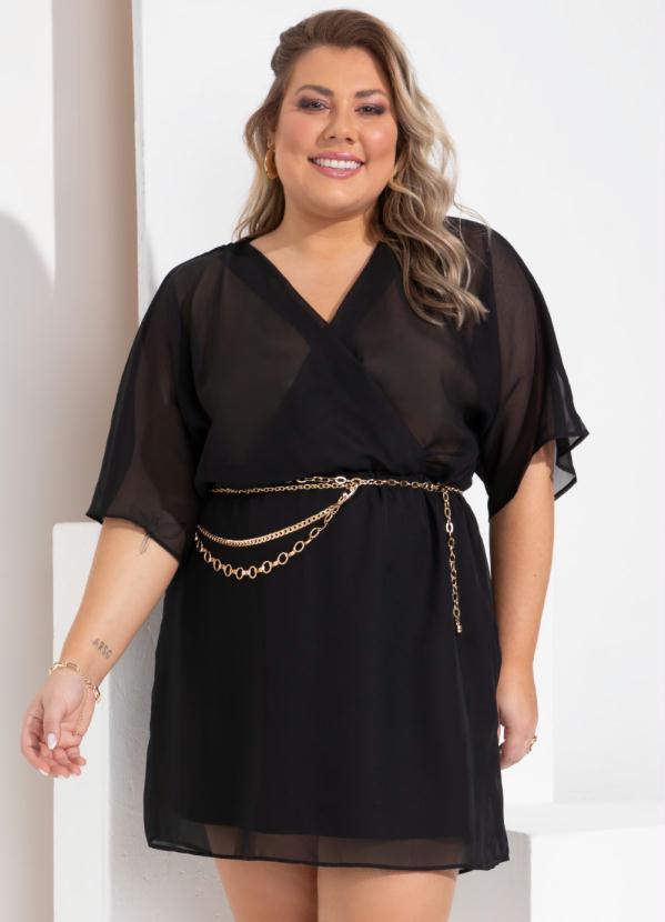 Queima Estoque - Vestido Preto em Tecido Plano com Transparência 7