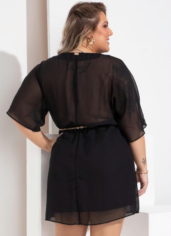 Queima Estoque - Vestido Preto em Tecido Plano com Transparência 8