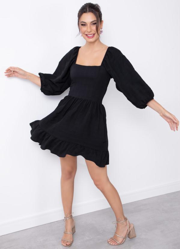 Quintess - Vestido Preto em Tecido Plano Maquinetado 2