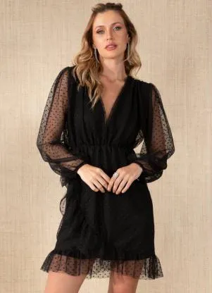 Quintess - Vestido Preto em Tule com Babado - QUINTESS