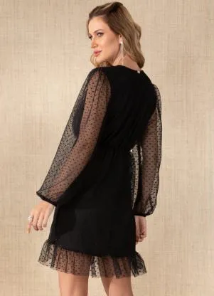Quintess - Vestido Preto em Tule com Babado - QUINTESS
