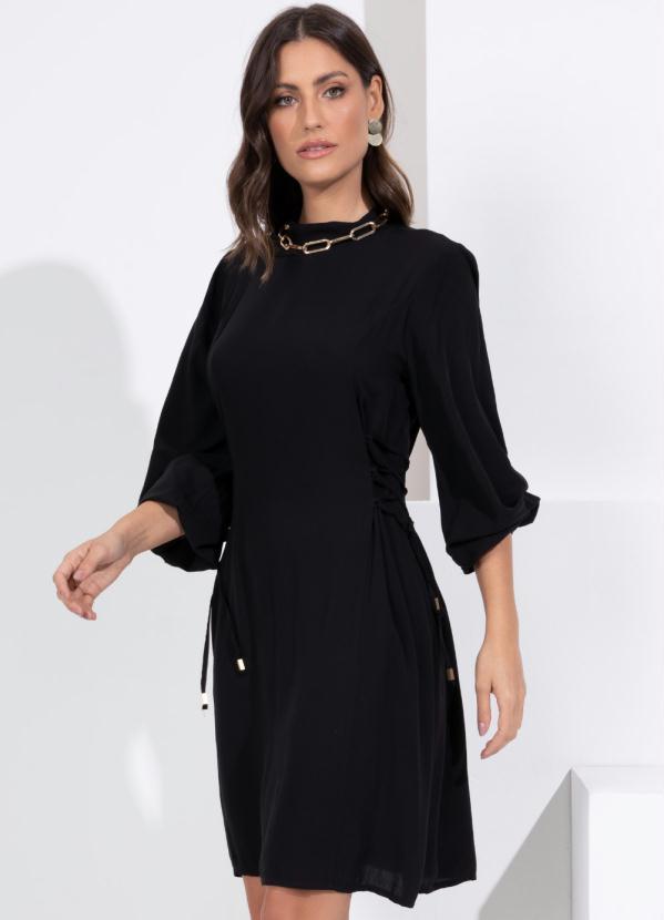 Quintess - Vestido Preto Mangas Longas e Amarrações