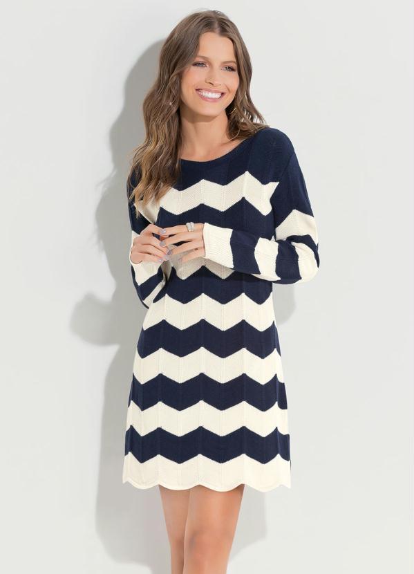 Quintess - Vestido Quintess em Tricot Chevron Azul e Bege