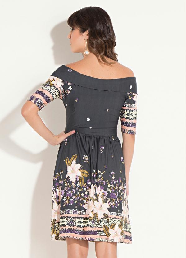 Quintess - Vestido Quintess Floral Escuro Decote com Gola 2