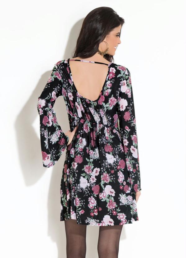 Quintess - Vestido Quintess Floral Preto Mangas Sino 2