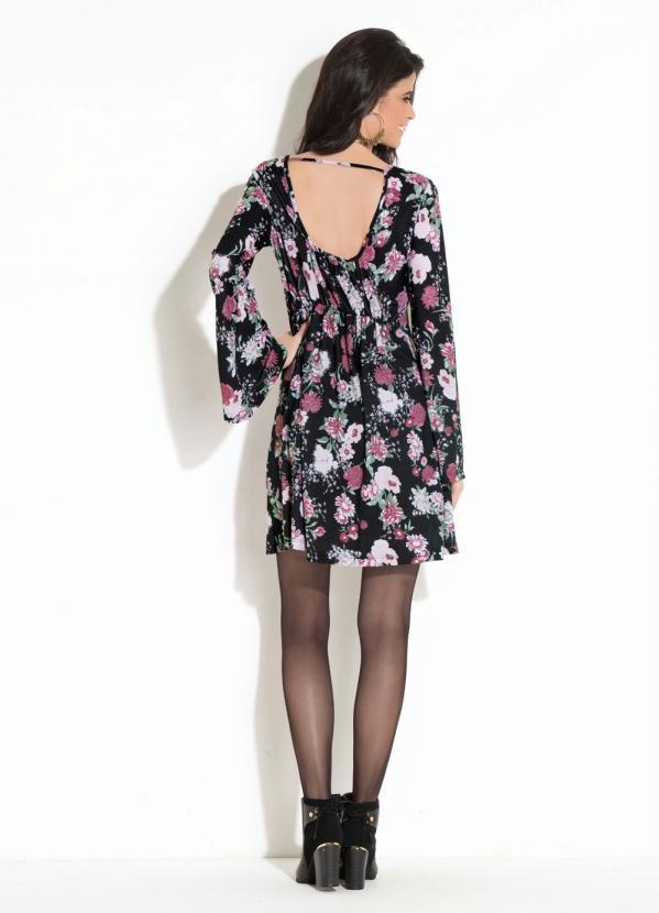 Quintess - Vestido Quintess Floral Preto Mangas Sino 4