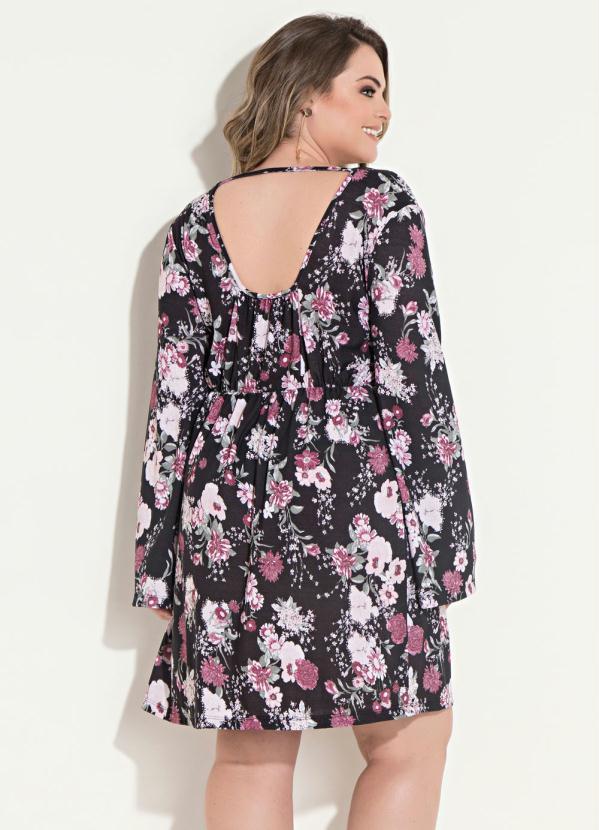 Quintess - Vestido Quintess Floral Preto Mangas Sino 6