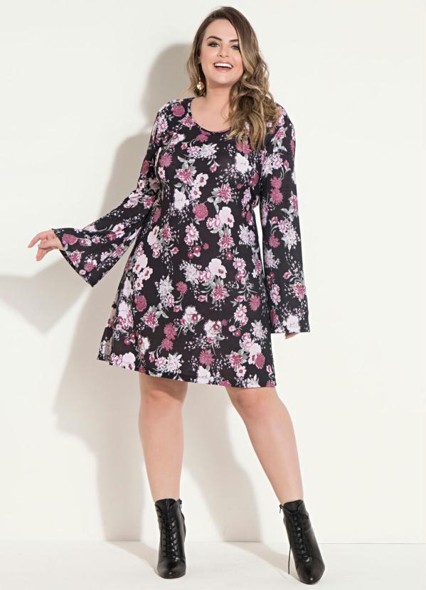 Quintess - Vestido Quintess Floral Preto Mangas Sino 7