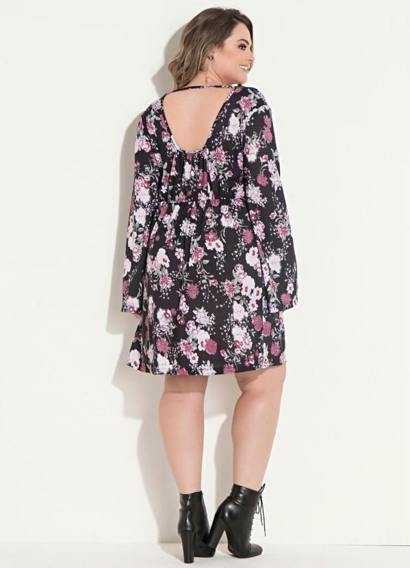 Quintess - Vestido Quintess Floral Preto Mangas Sino 8