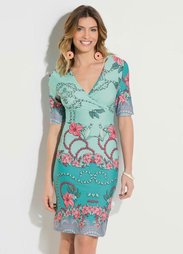 Quintess - Vestido Quintess Justo Floral e Turquesa