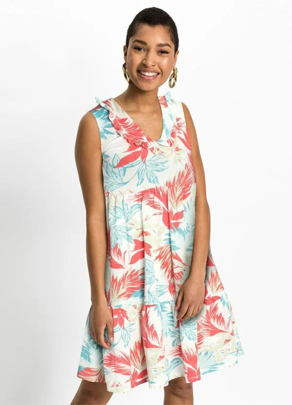 bonprix - Vestido Regata com Gola Folhagem Branco