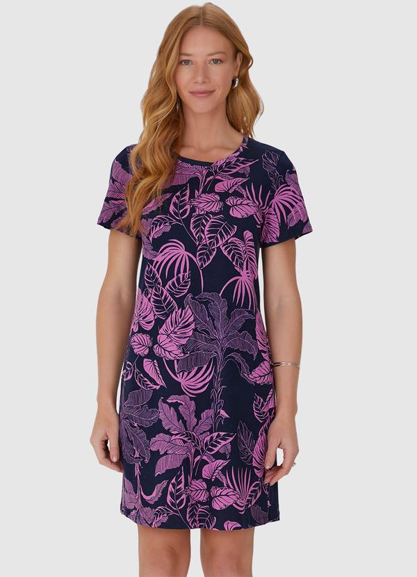 Malwee - Vestido Reto com Estampa Corrida em Algodão Azul