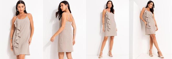 Vestido Listrado Bege em Alfaiataria