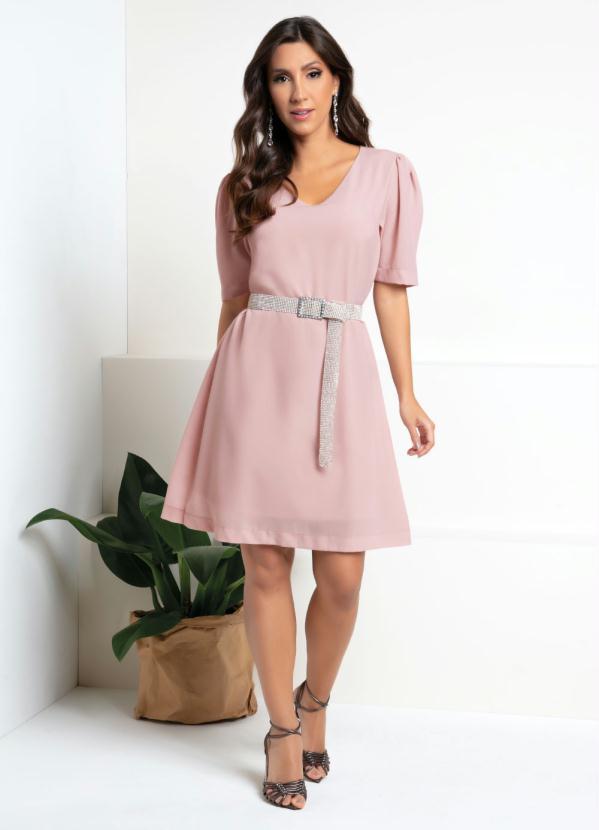 Outlet - Vestido Rosa Decote V e Pregas nas Mangas 8