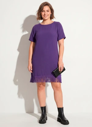 Quintess - Vestido Roxo em Crepe Plano com Franjas - QUINTESS