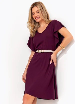 Quintess - Vestido Midi Soltinho Roxo em Malha de Viscose com Manga Babado - QUINTESS