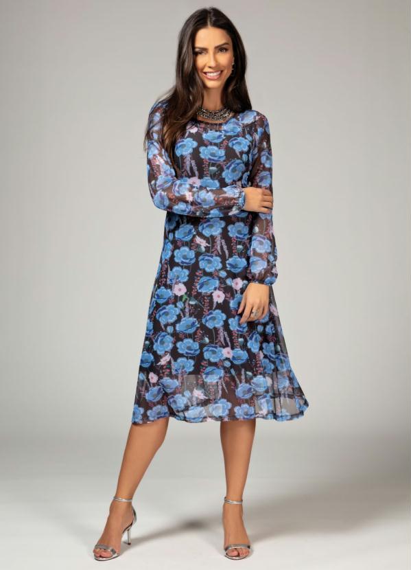 Quintess - Vestido Soltinho Floral Azul com Transparência