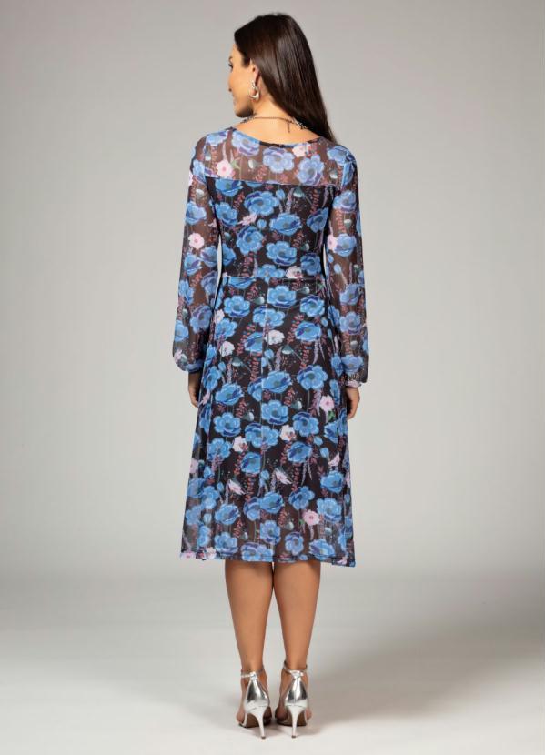 Quintess - Vestido Soltinho Floral Azul com Transparência 2