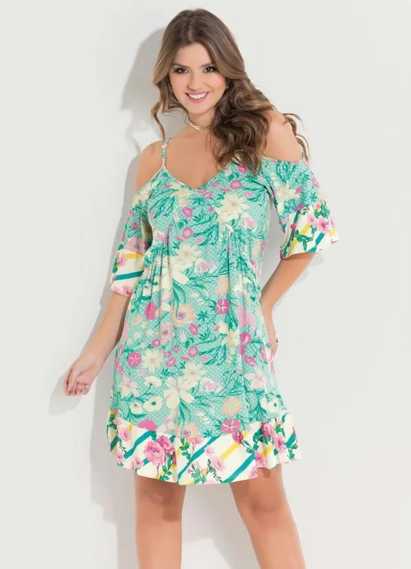Quintess - Vestido Soltinho Floral Verde com Alças
