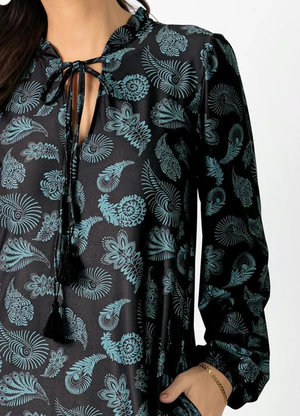 Quintess - Vestido Soltinho Paisley Preto com Tassel 6