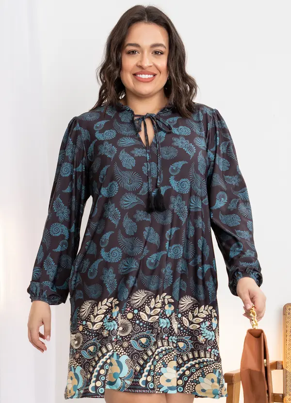 Quintess - Vestido Soltinho Paisley Preto com Tassel 4