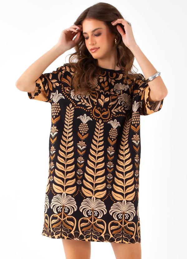 Farm - Vestido T-Shirt Básico Esplendor Tropical Preto