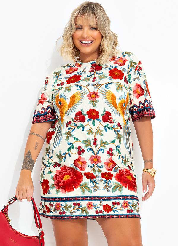 Farm - Vestido T-Shirt Basico Flor em Mosaico Bege