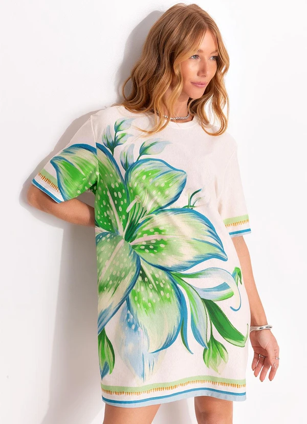 Farm - Vestido T-Shirt Básico Lírio Tropical Bege 5