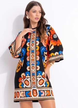 Farm - Vestido T-Shirt Big Antuerpia Lenço Preto - FARM