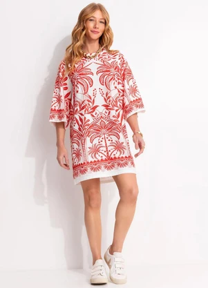 Farm - Vestido T-Shirt Big Coqueiro de Flor Vermelho - FARM