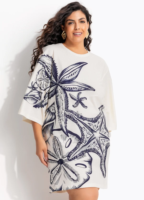 Farm - Vestido T-Shirt Big Mar de Estrelas Bege