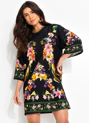 Farm Vestido T-Shirt Big Pássaro em Flor Preto