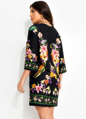 Farm - Vestido T-Shirt Big Pássaro em Flor Preto - FARM