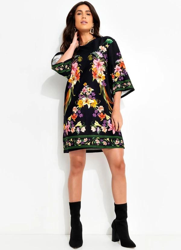 Farm - Vestido T-Shirt Big Pássaro em Flor Preto 3