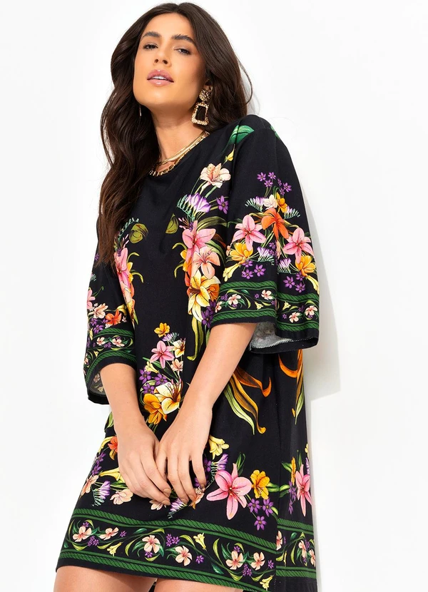 Farm - Vestido T-Shirt Big Pássaro em Flor Preto 6