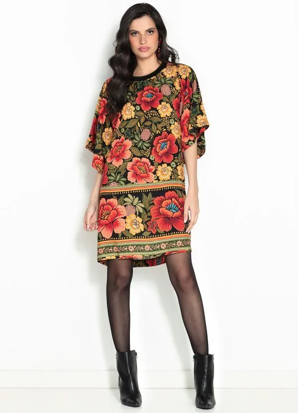 Farm - Vestido T-Shirt de Viscose Floral Heloisa Preto 3
