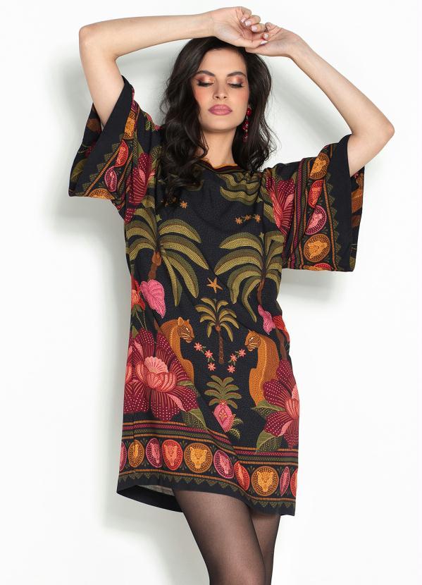 Farm - Vestido T-Shirt Floresta Pontilhada Preto