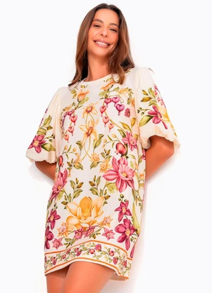 Farm - Vestido T-Shirt Manga Bufante Flor de Roma Bege - FARM