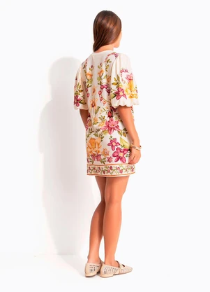 Farm - Vestido T-Shirt Manga Bufante Flor de Roma Bege - FARM