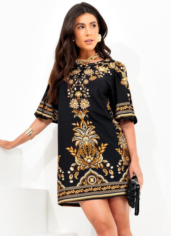 Farm - Vestido T-Shirt Mg Bufante Flora Abacaxi Preto