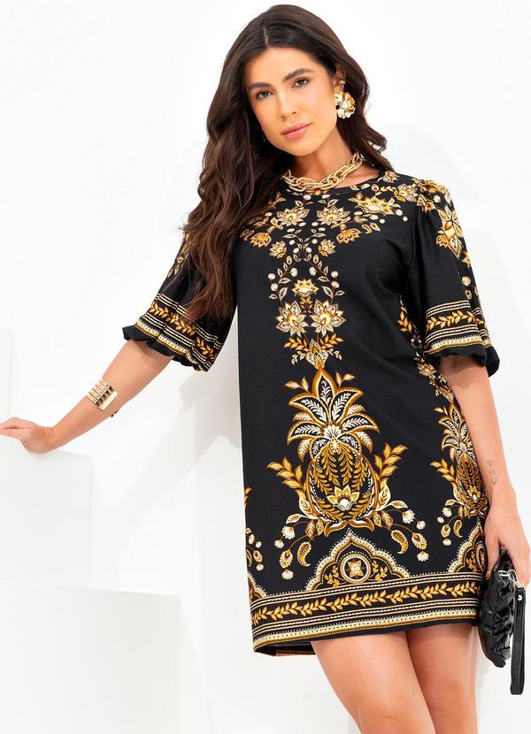 Farm - Vestido T-Shirt Mg Bufante Flora Abacaxi Preto 6